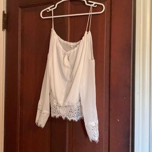 Off the Shoulder Sheer/Lace Trim Long Sleeve Top